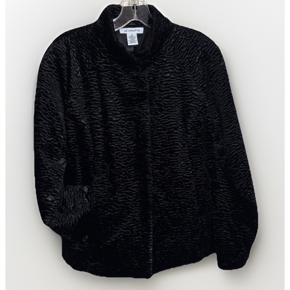VTG Liz Claiborne Black Faux Persian Lamb‎ Cropped Jacket SzS Textured Coat Chic